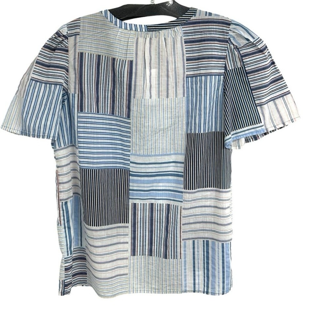 NWOT LOFT Laguna Blue Patchwork Stripe Blouse XSP Petite Cotton Tie Neck Top - Picture 3 of 9